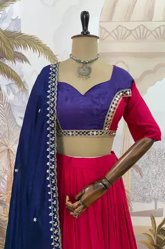 Rani Pink Color Embroidery work and Mirror work Cotton Navratri Lehnga Choli