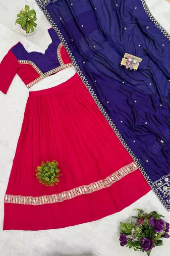 Rani Pink Color Embroidery work and Mirror work Cotton Navratri Lehnga Choli