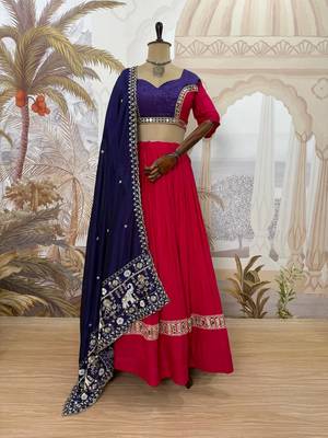 Rani Pink Color Embroidery work and Mirror work Cotton Navratri Lehnga Choli 5