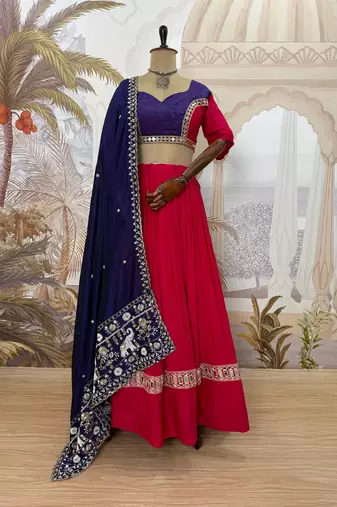 Rani Pink Color Embroidery work and Mirror work Cotton Navratri Lehnga Choli