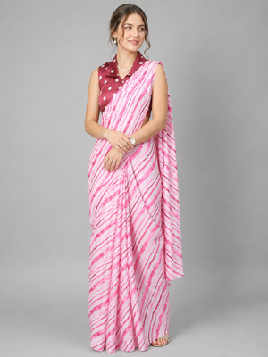 Pink printed satin saree with blouse 2