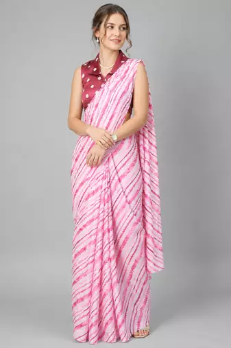 Pink printed satin saree with blouse