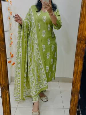 Floral Printed Pure Cotton V Neck Kurta Trouser & Dupatta Set 1