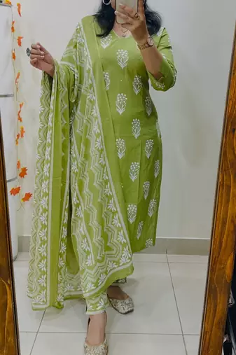 Floral Printed Pure Cotton V Neck Kurta Trouser & Dupatta Set
