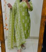 Floral Printed Pure Cotton V Neck Kurta Trouser & Dupatta Set