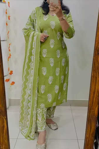 Floral Printed Pure Cotton V Neck Kurta Trouser & Dupatta Set
