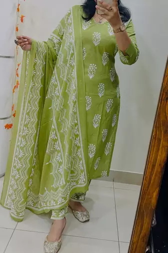 Floral Printed Pure Cotton V Neck Kurta Trouser & Dupatta Set