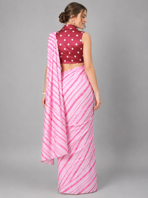 Pink printed satin saree with blouse 3
