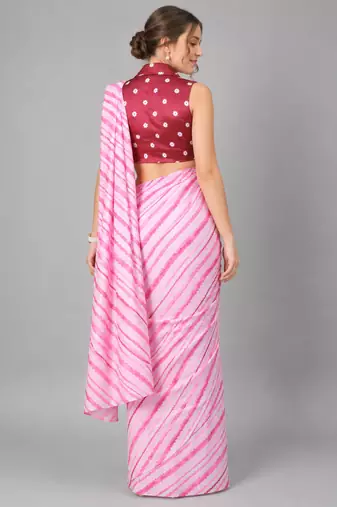 Pink printed satin saree with blouse