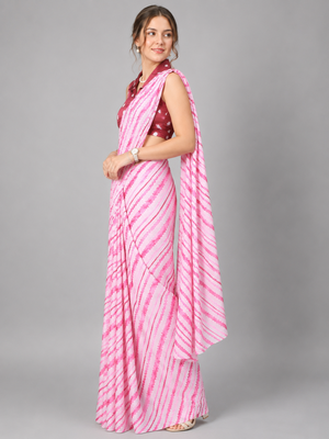 Pink printed satin saree with blouse 4