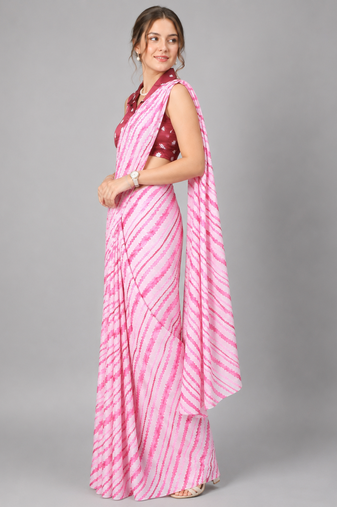 Pink printed satin saree with blouse