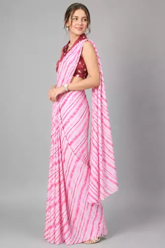 Pink printed satin saree with blouse