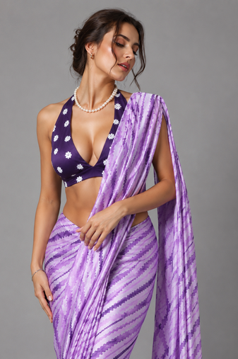 Purple printed satin saree with blouse
