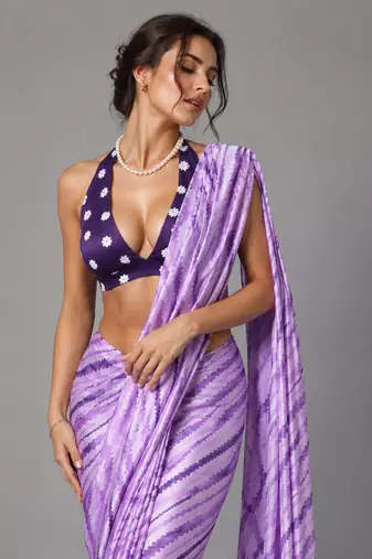 Purple printed satin saree with blouse