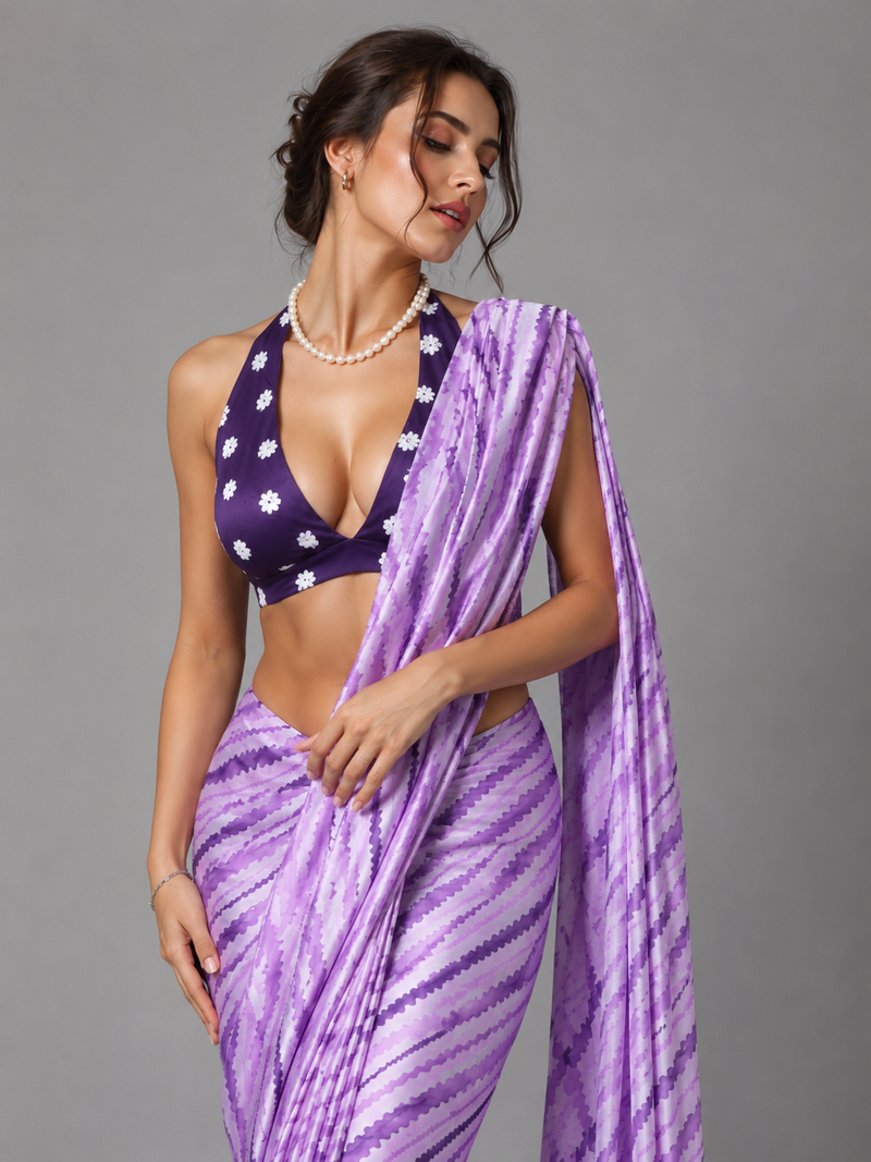 Purple printed satin saree with blouse