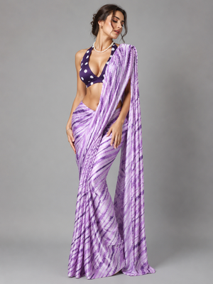Purple printed satin saree with blouse 2