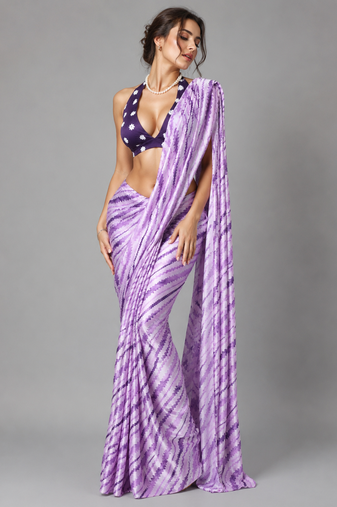 Purple printed satin saree with blouse