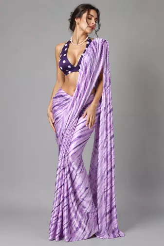Purple printed satin saree with blouse