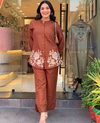 Floral Embroidered Pure Cotton Round Neck Co-Ord Set 1