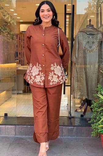 Floral Embroidered Pure Cotton Round Neck Co-Ord Set