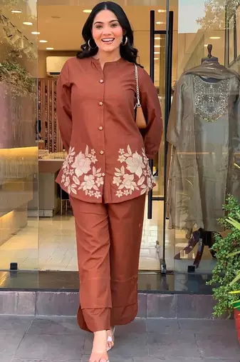 Floral Embroidered Pure Cotton Round Neck Co-Ord Set