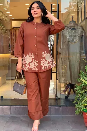 Floral Embroidered Pure Cotton Round Neck Co-Ord Set