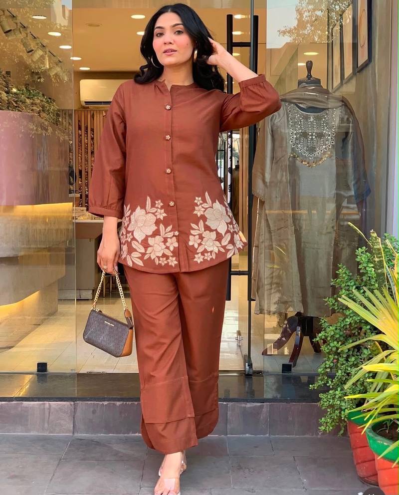 Floral Embroidered Pure Cotton Round Neck Co-Ord Set