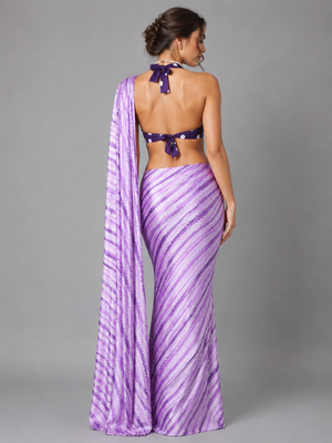 Purple printed satin saree with blouse 3