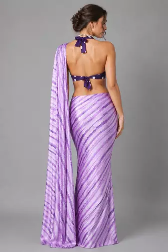 Purple printed satin saree with blouse
