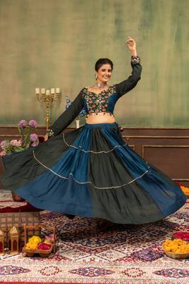 Teal Embroidered and Mirror Work Rayon Navratri Lehnga Choli 1