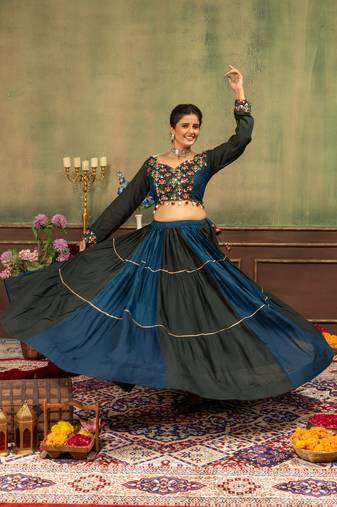 Teal Embroidered and Mirror Work Rayon Navratri Lehnga Choli