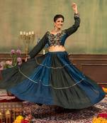 Teal Embroidered and Mirror Work Rayon Navratri Lehnga Choli