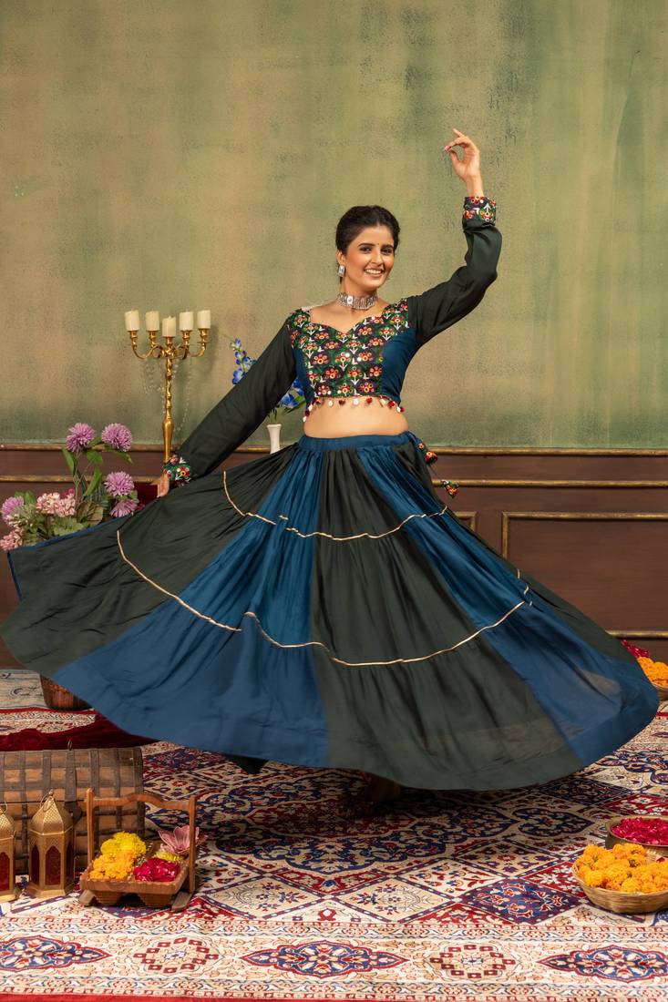 Teal Embroidered and Mirror Work Rayon Navratri Lehnga Choli
