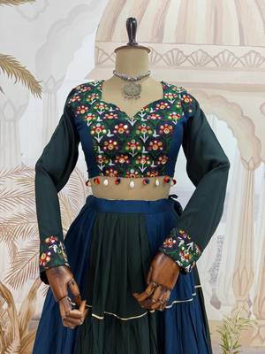 Teal Embroidered and Mirror Work Rayon Navratri Lehnga Choli 3