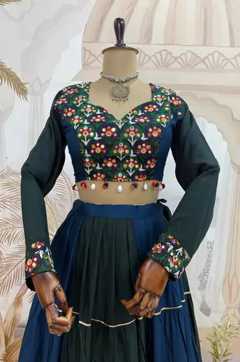 Teal Embroidered and Mirror Work Rayon Navratri Lehnga Choli