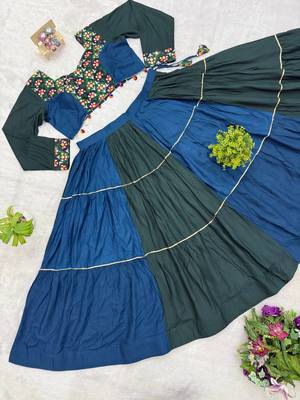 Teal Embroidered and Mirror Work Rayon Navratri Lehnga Choli 4