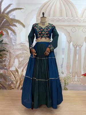Teal Embroidered and Mirror Work Rayon Navratri Lehnga Choli 5