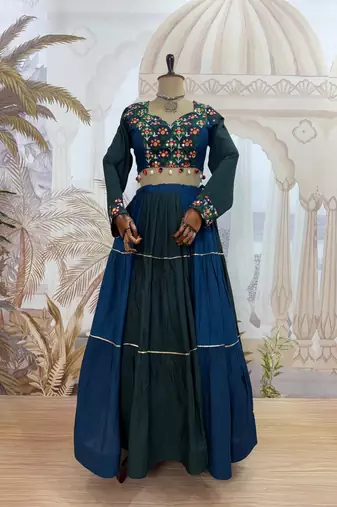 Teal Embroidered and Mirror Work Rayon Navratri Lehnga Choli