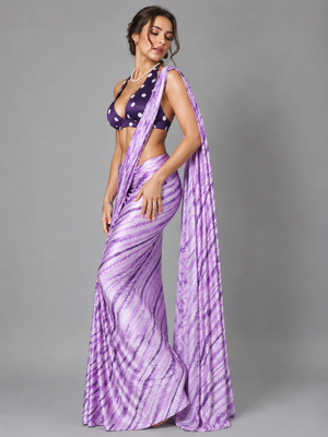 Purple printed satin saree with blouse 4