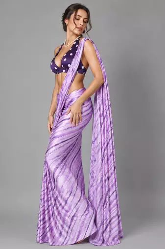 Purple printed satin saree with blouse