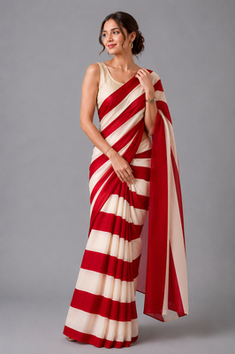 Red printed satin saree with blouse 1