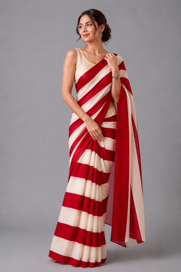 Red printed satin saree with blouse