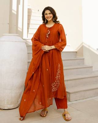 Floral Embroidered Pure Cotton Round Neck Kurta Trouser & Dupatta Set 1