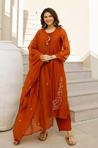 Floral Embroidered Pure Cotton Round Neck Kurta Trouser & Dupatta Set