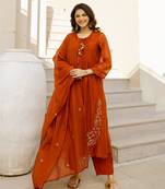 Floral Embroidered Pure Cotton Round Neck Kurta Trouser & Dupatta Set