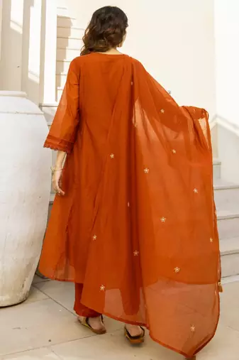 Floral Embroidered Pure Cotton Round Neck Kurta Trouser & Dupatta Set