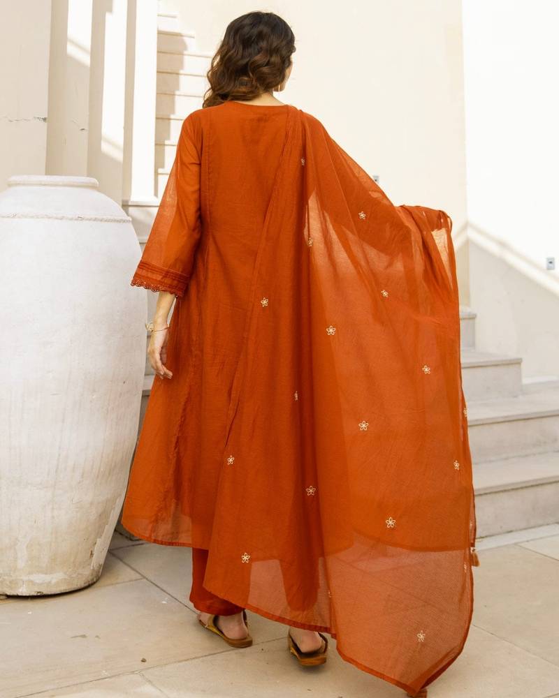 Floral Embroidered Pure Cotton Round Neck Kurta Trouser & Dupatta Set