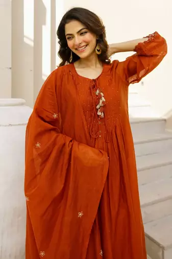 Floral Embroidered Pure Cotton Round Neck Kurta Trouser & Dupatta Set