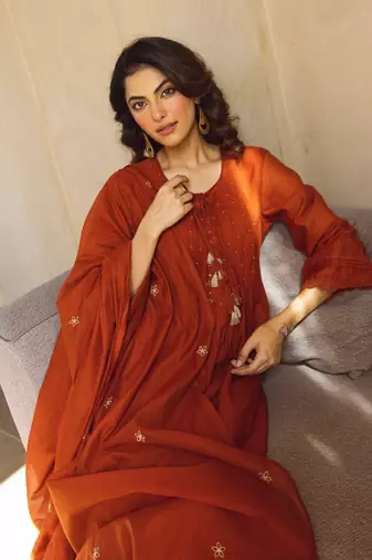 Floral Embroidered Pure Cotton Round Neck Kurta Trouser & Dupatta Set