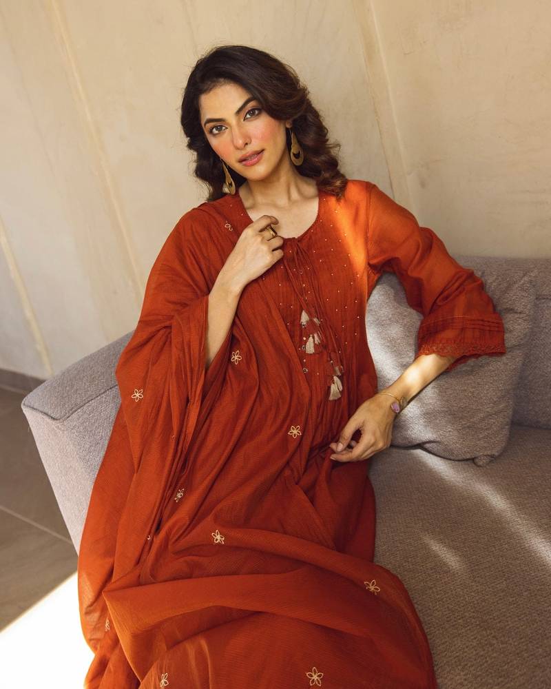 Floral Embroidered Pure Cotton Round Neck Kurta Trouser & Dupatta Set